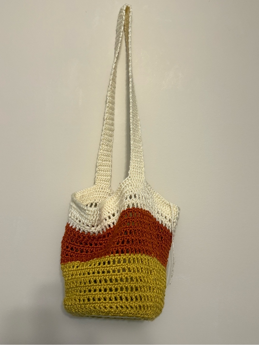 Handmade Crochet Colorblock Candy Corn Tote Bag in Cream, Rust and Mustard